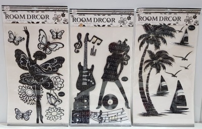 1800 X BRAND NEW ROOM DÉCOR 3D STICKERS IN 3 STYLES I.E GUITAR GIRL - PALM TREES - BUTTERFLY BALLERINA IN 9 BOXES-58CM X 30CM