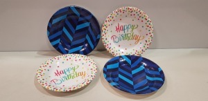 640 X BRAND NEW PACKS OF 10 MIXED PAPER PLATES I.E HAPPY BIRTHDAY AND BLUE PATTERNED PLATES IN 4 BOXES- 20CM