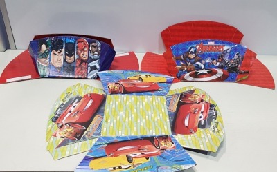 720 X BRAND NEW CARDBOARD FOLD UP PARTY BOWLS IN VARIOUS DESIGNS I.E AVENGERS - JUSTICE LEAGUE AND CARS IN FULL BAY (NOTE: SIDES DON’T STICK WITH REMOVABLE SEALS)