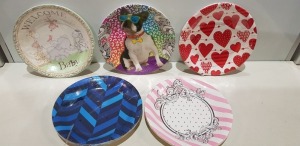 300 PACKS OF 10 BRAND NEW PAPER PARTY PLATES IN VARIOUS STYLES I.E WELCOME BABY- LOVE HEARTS - FUNKY DOG ETC - IN 5 BOXES- 26CM