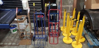 11 X PIECE MIXED LOT TO INCLUDE - 5 X WORKING SACK TRUCKS - 5 X YELLOW POST BARRIERS - 1X HAND SANITISER STATION -