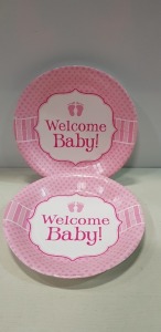 300 X PACKS OF 10 BRAND NEW WELCOME BABY PINK PAPER PLATES - IN 5 BOXES -26CM