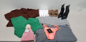 25 PIECE BRAND NEW CLOTHING LOT CONTAINING RIVER ISLAND WOMANS SHIRT , STUDIO SLEEPWEAR HOODED JUMPER , MONKL WOMANS TOP , STOCKHOLM ATELIER JUMPER , THE NORTH FACE WOMANS LEGGINGS ETC - ALL IN VARIOUS SIZES - IN 1 TRAY - NOT INCLUDED