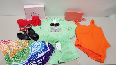 25 PIECE BRAND NEW CLOTHING LOT CONTAINING - JUICY COUTURE JACKET - JUICY COUTURE SHORTS - BOOHOO BLOUSE - ROMAN TOPS - PRETTYLITTLETHING SHORTS - ETC IN VARIOUS SIZES - ALL IN 1 TRAY -NOT INCLUDED