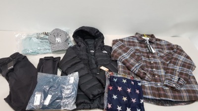 25 PIECE BRAND NEW CLOTHING LOT CONTAINING - TRIUMPH BRAS - NEW EVA HAT - NEXT LEOPARD PRINT DRESS - THE NORTH FACE PUFFER JACKET - SIMPLY BE DEMIN JEANS - ETC ALL IN VARIOUS SIZES - IN 1 TRAY NOT INCLUDED