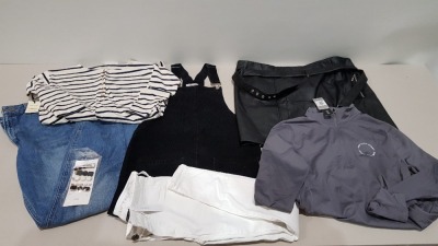 25 PIECE BRAND NEW CLOTHING LOT CONTAINING - NOISY MAY FAUX LEATHER SKIRT - RIVER ISLAND CARRIE JEANS - DENIM CO DUNGAREES - AMBER ELASTIC JEANS - H &M SHORTS ETC ALL IN VARIOUS SIZES - IN 1 TRAY NOT INCLUDED