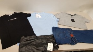 25 PIECE BRAND NEW CLOTHING LOT CONTAINING PULL & BEAR DARK DENIM PANTS - H&M TSHIRTS - LACOSTE TSHIRTS - VARIOUS JACK & JONES TOPS AND COAST LACE MAXI DRESS ETC ALL IN VARIOUS SIZES