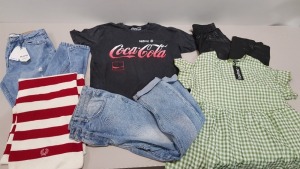 25 PIECE BRAND NEW CLOTHING LOT CONTAINING MOM JEANS - JDY DENIM DRESS - BOOHOO FAUX LEATHER PANTS - COCA COLA TSHIRT AND IN THE STYLE DRESSES ETC. ALL IN VARIOUS SIZES