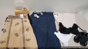 25 PIECE BRAND NEW CLOTHING LOT CONTAINING NEW LOOK BRIEFS - MONKI DUNGAREES - SHEIN SEE THROUGH SKIRT - STYLE CHEAT VELVET DRESS - MNG FAUX LEATHER TROUSERS - DOROTHY PERKINS MIDI DRESS, ETC - ALL IN VARIOUS SIZES - IN 1 TRAY (NOT INCLUDED)