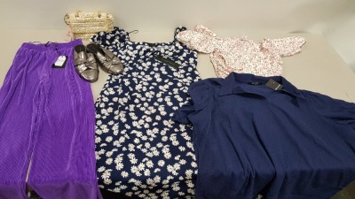 25 PIECE BRAND NEW CLOTHING LOT CONTAINING NEW LOOK SLIP ONS - M LOUNGE MAXI DRESS - SOUTH BEACH GYM SHORTS - BLUE VANILLA FLORAL DRESS AND BOOHOO MAN TSHIRTS ETC. - ALL IN VARIOUS SIZES - IN 1 TRAY (NOT INCLUDED)