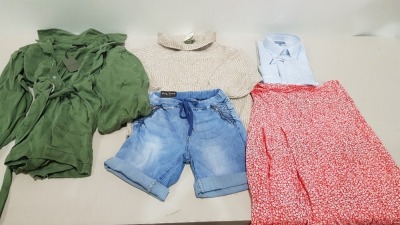 25 PIECE BRAND NEW CLOTHING LOT CONTAINING NINA LEONARD THROUGH OVER BLOUSE - YESPINK DENIM SHORTS - PEEK & BEAU BODYSUIT -UNIQUE 21 WIDE SKIRT - MISS SELFRIDGES KNITTED CARDIGAN - ETC - ALL IN VARIOUS SIZES - IN 1 TRAY (NOT INCLUDED)