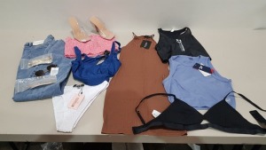 25 PIECE BRAND NEW CLOTHING LOT CONTAINING I SAW IT FIRST JERSEY RACER DRESS - URBAN THREAD SKIRT - REEBOK TRAINING VEST - THE SHANTY 2 PIECE SUIT - TRUFFLE COLLECTION HEELS - UNDER ARMOR TRAINING TOP - ETC - ALL IN VARIOUS SIZES - IN 1 TRAY (NOT INCLUDED