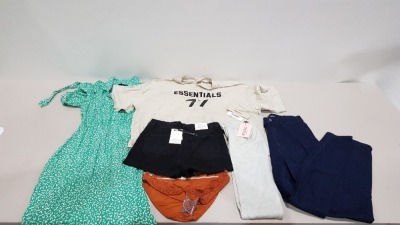 25 PIECE BRAND NEW CLOTHING LOT CONTAINING BOOHOO BEACH STRAPPY BIKINI TOP - SOUTH BEACH LIGHT DRESS - MISSGUIDED SHOULDER STRAP TOP - MISSGUIDED RIBBED LEGGINGS - ETC - ALL IN VARIOUS SIZES - IN 1 TRAY (NOT INCLUDED)