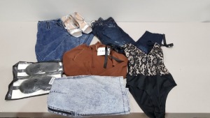 25 PIECE BRAND NEW CLOTHING LOT CONTAINING JOIN LIFE TROUSERS - LASCANA BRAS - MISSGUIDED NOTCH NECK CROP TOP -THREADBARE TURTLE NECK JUMPER - SIMPLY BE DENIM JEANS - ETC - ALL IN VARIOUS SIZES - IN 1 TRAY (NOT INCLUDED)