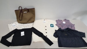 25 PIECE BRAND NEW CLOTHING LOT CONTAINING DREAMSCENE CORAL FLEECE PJ SET - STRADIVARIUS WHITE CHINOS - MP SEAMLESS SHORT SLEEVE T-SHIRT - ZARA DENIM FLORAL PRINT STRAIGHT CUT JEANS - ZB HANDBAG - ZARA CROP TOP - ETC - ALL IN VARIOUS SIZES - IN 1 TRAY (NO