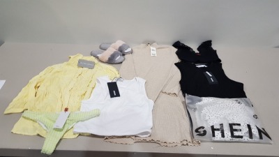 25 PIECE BRAND NEW CLOTHING LOT CONTAINING WEDNESDAYS GIRL STRIPED CROP TOP - TOP SHOP BRA - BOARD ANGLES FLORAL PRINT SHORTS - OLIVER BONAS FAUX FUR SLIPPERS - MISS SELFRIDGES MINI DRESS - MNG BIKINI BOTTOMS - ETC - ALL IN VARIOUS SIZES - IN 1 TRAY (NOT