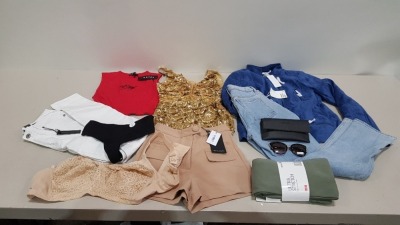 25 PIECE BRAND NEW CLOTHING LOT CONTAINING ZARA ONE PIECE BODY SUIT - MOTEL SNAKE PRINT SKIRT - RFID ULTRA STRETCH WOMANS PANTS - 4TH RECKLACE SILK SHORTS - MOTEL CROP TOP VEST - WHISTLERS GLASSES WITH CASE - PARIS ATELIER DENIM SLIM JEANS - ETC - ALL IN