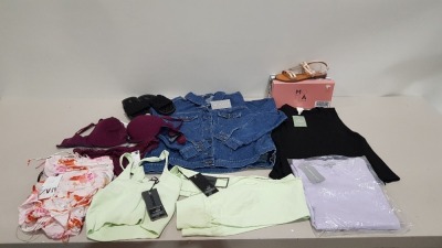 25 PIECE BRAND NEW CLOTHING LOT CONTAINING MODA SANDALS - OLIVER BONAS DENIM JACKET - BOOHOO CARDIGANS - EMS CARGO PANTS AND BOOHOO BLUE JEANS ETC - ALL IN VARIOUS SIZES - IN 1 TRAY (NOT INCLUDED)