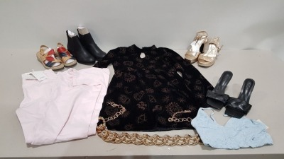 25 PIECE BRAND NEW CLOTHING LOT CONTAINING DOROTHY PERKIN BOOTS - ZARA HEELED SHOES - BERKISHA WIDE LEG PANTS - WEIRD FISH JUMPSUITS AND COTTON TRADER SANDALS ETC - ALL IN VARIOUS SIZES - IN 1 TRAY (NOT INCLUDED)