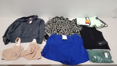 25 PIECE BRAND NEW CLOTHING LOT CONTAINING OH POLLY SHOULDERLESS DRESS - WEEKDAY SKIRTS - WEEKDAY CROPPED SWEATER - NECK WARMERS - ZARA SHORTS AND ISAWITFIRST LEGGINGS ETC. - ALL IN VARIOUS SIZES - IN 1 TRAY (NOT INCLUDED)