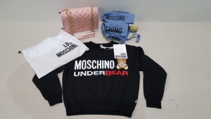 3 PIECE MIXED LOT TO INCLUDE MOSCHINO UNDERBEAR CROPPED HOODIE SIZE UK 14 - LOVE MOSCHINO BORSA QUILTED NAPPA PU NERO HANDBAG AND COUTURE MOSCHINO BLUE / GOLD UMBARELLA