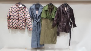 8 X BRAND NEW MIXED COAT LOT CONTAINING KAREN MILLEN BELTED COAT, H&M BELTED OVERSIZED COAT, MISSGUIDED BELTED FAUX LEATHER BLAZER DRESS COAT, DOROTHY PERKINS FAUX FUR COAT, SOUL STAR FULL LENGTH PUFFER COAT AND NASTY GAL OVERSIZED TRENCH COAT ETC.