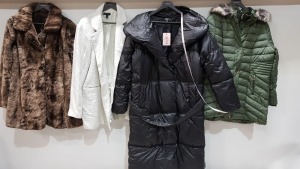 5 PIECE BRAND NEW MIXED CLOTHING LOT CONTAINING NEW LOOK BUTTONED COAT, MISS SELFRIGES FAUX FUR COAT, CENTIGRADE PUFFER JACKET, MISSGUIDED BELTED COAT AND HENRY HOLLAND FULL LENGTH COAT