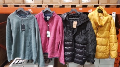 10 X BRAND NEW MIXED COAT LOT TO INCLUDE MISS SELFRIDGES YELLOW PUFFER JACKETS, M&S QUILTED COAT, SUPERDRY COBEN COAT AND WEIRD FISH ZIP UP FLEECE ETC.