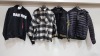 4 PIECE MIXED COAT LOT TO INCLUDE MCKENIZE PUFFER JACKET, MANIERE DE VOIR FAUX LEATHER BUTTON JACKET, PULL & BEAR NFL JACKET AND DIVIDED CHEQUERED BUTTON UP COAT