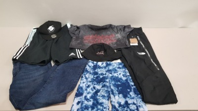 30 PIECE MIXED CLOTHING LOT OT INCLUDE THE NORTH FACE PANTS, PULL & BEAR TSHIRT, ADIDAS FLEECE SHORTS, NEW BALANCE VEST , JOY DIVISION T-SHIRT , BRAVE SOUL DENIM JEAN SHORTS , BOOHOO MAN SHORTS - ETC - IN 2 TRAYS - NOT INCLUDED