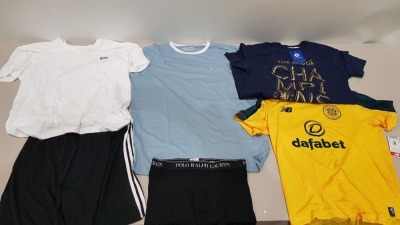 25 PIECE BRAND NEW CLOTHING LOT CONTAINING ADIDAS SHORTS , HUGO BOSS T- SHIRT , NEW BALANCE CELTIC JERSEY , NICCE T-SHIRT, VOI JEANS POLO TOP , JACK JONES SHORTS AND T-SHIRT SET CHELSEA UCL CHAMPIONS T-SHIRT - ETC ALL IN VARIOUS SIZES IN 1 TRAY -