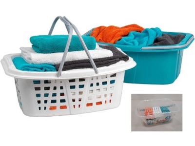 7 X BRAND NEW BELDRAY TURQUOISE / WHITE SETS OF 2 LAUNDRY BASKETS (51 X35 X 20 CM DEEP) PLUS 48 ULTRA GRIP CLOTHES PEGS IN A BASKET (IN 7 LARGE BOXES)