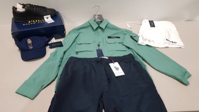 5 X BRAND NEW MIXED CLOTHING LOT CONTAINING POLO RALPH LAUREN HRT CT TRAINERS IN BLACK ( UK 11 ) , UK POLO ASSN SHORTS ( SIZE 34 ) , POLO RALPH LAUREN CAP , POLO RALPH LAUREN WHITE SHORTS ( XL ) , POLO RALPH LAUREN CLASSIC FIT GREEN SHIRT ( SIZE M )