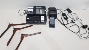 1 X CASIO TILL , STAR LABEL PRINTER , AND VERIFONE CARD HOLDER AND ALSO TO INCLUDE 4 TUBS OF WOODEN COAT HANGERS