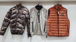 6 X BRAND NEW MIXED CLOTHING LOT CONTAINING WEEKEND OFFENDER GILET ( XXL ) , KING CAMO JACKET , WEEKEND OFFENDER WIND BREAKER (M ) , 2 X BLEND DENIM JACKETS - ALL IN VARIOUS SIZES