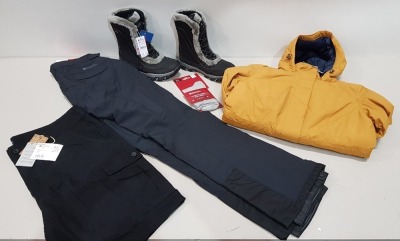 8 PIECE BRAND NEW MIXED MOUNTAIN WAREHOUSE LOT TO INCLUDE OHIO WOMENS THERMAL FLEECE LINED SNOWBOOTS UK 8 - CARGO SHORTS (MULTI PACK) - SHORE WATERPROOF WOMENS JACKET UK 16 - WOMENS WATERPROOF PADDED JACKET IN MUSTARD UK 12 - 4 WAY STRETCH SKI PANTS SMAL