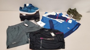 11 X BRAND NEW MIXED CLOTHING LOT CONTAINING NIKE AIR FORCE UK 8.5 - UNDER ARMOUR MICRO G PURSUIT UK 10 - UA CHALLANGER TRACK JACKET LARGE - UA SPEED STRIDE SHORTS MEDIUM - UA TRAINING TSHIRT MEDIUM - NIKE HEDES TRACKSUIT JACKET AND JOGGERS AND WHITE SOCK