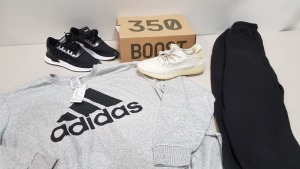 7 PIECE BRAND NEW MIXED ADIDAS LOT TO INCLUDE UPATH TRAINERS UK 7 - SAMBA VEGAN TRAINERS UK 12 - YEEZY BOOST 350 V2 TRAINERS UK 9.5 - GOALKEEPER GLOVES - CREWNECK FLEECE IN KHAKI SIZE LARGE AND CUFFED PANTS IN BLACK UK 12