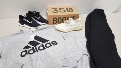 7 PIECE BRAND NEW MIXED ADIDAS LOT TO INCLUDE UPATH TRAINERS UK 7 - SAMBA VEGAN TRAINERS UK 12 - YEEZY BOOST 350 V2 TRAINERS UK 9.5 - GOALKEEPER GLOVES - CREWNECK FLEECE IN KHAKI SIZE LARGE AND CUFFED PANTS IN BLACK UK 12