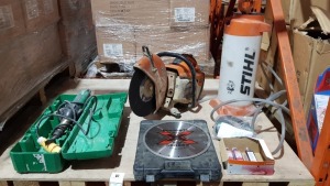 8 X PIECE MIXED LOT TO INCLUDE - STIHL TS 410 SAW - STIHL TWO STROKE OIL -LEISTER HEAT GUN - FORCE CUTTING BLADE AND STIHL 10L PRESSURE PUMP