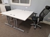 *** PLEASE NOTE THIS ASSET IS LOCATED IN BIRKENHEAD *** OFFICE LOT COMPRISING OF, 2 WHITE DESKS, 2 OFFICE CHAIRS, 4 WOODEN CHAIRS, 1 WOODEN FOLDING TWO LEAF TABLE WITH FOUR INTEGRATED FOLDING CHAIRS, FOUR DRAWER METAL UNIT, SLIDING DOOR HALF HEIGHT STATIO