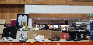12 X PIECE BRAND NEW MIXED SHOE LOT CONTAINING NIKE AIR 270, DR MARTINS AIR WAIR SANDALS, ASICS GEL TRAINERS, KICKERS GIRLS BLACK SHOES AND UNDER ARMOUR BLACK TRAINERS ETC - ALL IN VARIOUS SIZES