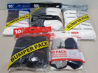 39 X BRAND NEW PACKS OF 10 PAIR OF DONNAY SPORT SOCKS IN VARIOUS STYLES, SIZES AND COLOURS IN 3 TRAYS NOT INCLUDED - (NOTE: SOME PACKS MAY BE MARKETED FOR CHILDREN SO VAT APPLIED REGARDLESS)