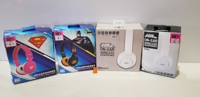 31PIECE MIXED HEADSET LOT CONTAINING 7 X BATMAN, 7 X SUPERGIRL AND 17 X NO FEAR ON-EAR WIRELESS HEADPHONES (PLEASE NOTE: SOME DAMAGED BOXES)