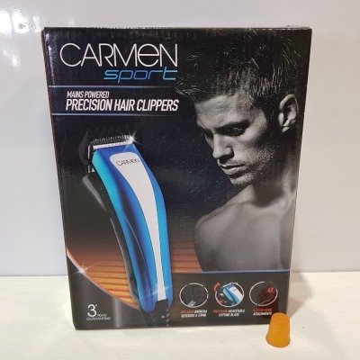 14 X CARMEN SPORT MAINS POWERED PRECISION HAIR CLIPPERS WITH BARBERS SCISSORS AND COMB AND 4 COMB GUIDE ATTACHMENTS