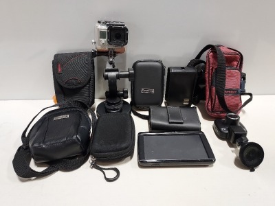 10 MIX LOT TO INCLUDE 7 X CAMERA CASES, 1X NAVGON SAT NAV, 1X GO PRO, 1X NEXT BASE 112 CAMERA