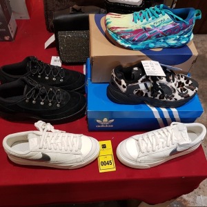 4 X BRAND NEW MIXED SHOE LOT CONTAINING ADIDAS YUNG-1 LEOPARD TRAINERS SIZE UK 6.5 - ASICS NOOSA TRI 13 TRAINERS SIZE UK 6 - NIKE BLAZER LOW PLATFORM FAUX SHERPA FUR SIZE UK 6 AND NIKE LAHAR LOW SIZE UK 10