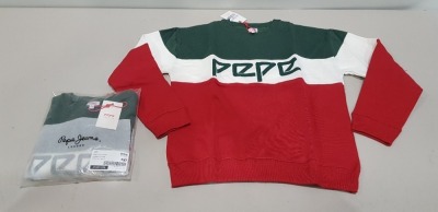 19 X BRAND NEW PEPE JEANS KIDS SUSO CREW NECK JUMPERS IN GREEN / RED - ALL IN VARIOUS SIZES