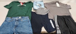 25 X BRAND NEW MIXED CLOTHING LOT CONTAINING JACK & JONES SHORTS - TOPMAN TOP - CANTERBURY TOP - WEEKDAY JEANS - STWD JUMPER -HOODRICH JOGGERS - ADIDAS SHORTS -RALPH LAUREN TOP - ETC - ALL IN VARIOUS SIZES AND COLOURS