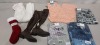 25 X BRAND NEW MIXED CLOTHING LOT CONTAINING LOUNGEABLE COSY SOCKS - MISSGUIDED PANTS - RAGGED JEANS IN VARIOUS STYLES - MISSGUIDED WHITE TROUSERS - MISS GUIDED WHITE BLAZER - KNEE HIGH BOOTS ETC - ALL IN VARIOUS SIZES